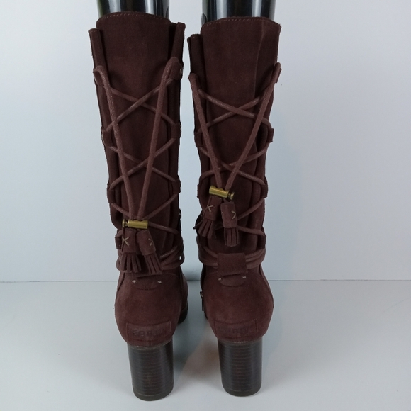 Sorel Farah Boots Womens 7 Burgundy Suede Leather Mid-Calf Casual Tassel Lace-up - Picture 7 of 9